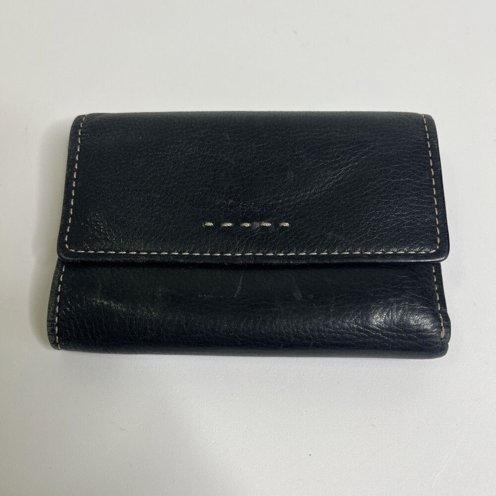 Fossil Women’s Black Leather Trifold Wallet Snap Zip Vintage 90s